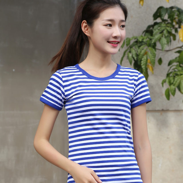 Summer sea soul shirt short-sleeved t-shirt women's blue and white stripes pure cotton round neck slim fit couple models parent-child half sleeves Summer sea soul shirt short-sleeved t-shirt women's blue and white stripes pure cotton round neck slim fit couple models parent-child half sleeves