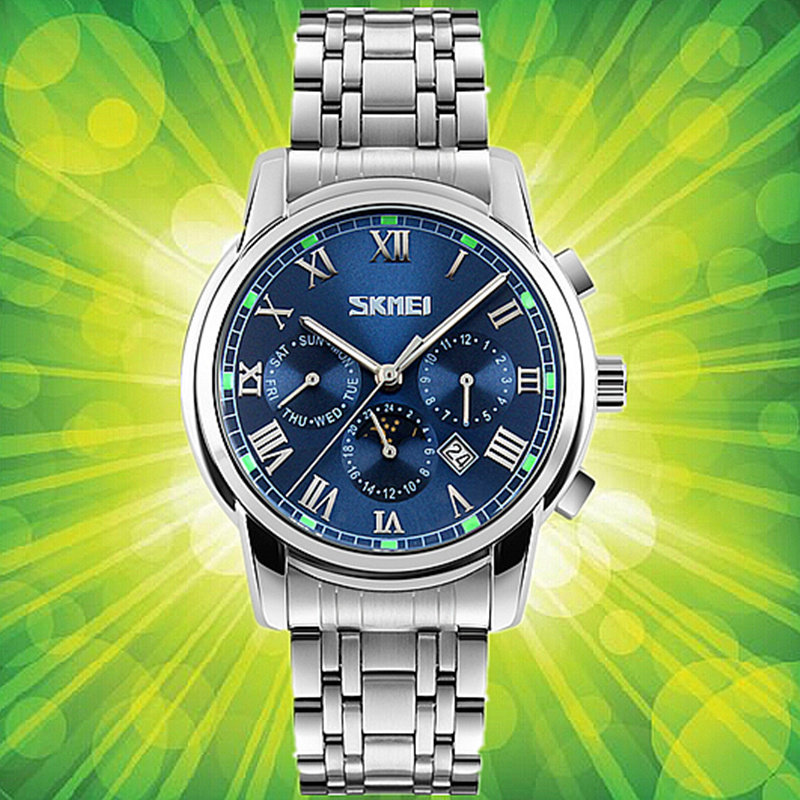 时刻美防水夜光男士腕表罗马刻度男表三眼6针多功能月相手表9121_不