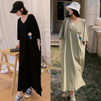 Summer maternity dress Korean short sleeve V-neck super long T-shirt skirt knee cotton cartoon loose size dress tide