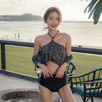 Korean version of the new hanging neck floral retro high waist ruffled bikini hot spring beach holiday split swimsuit