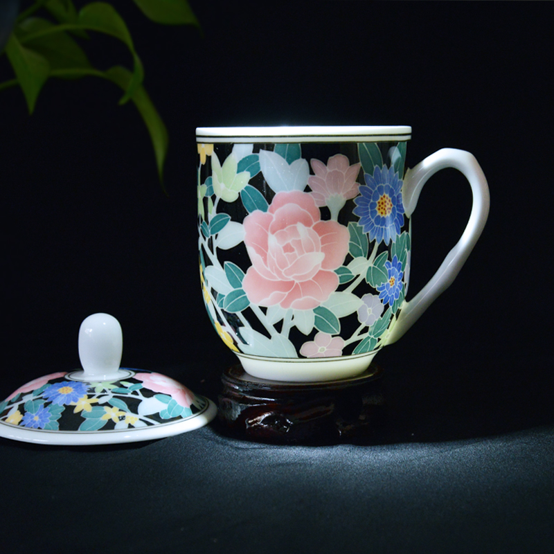 Under pure hand - made liling porcelain glaze color office home full flower tea cups with cover and meeting gift cups porcelain cup