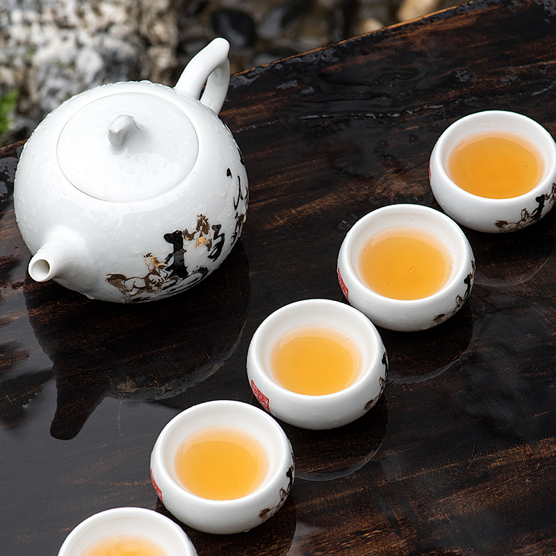 Under the new liling porcelain glaze of a complete set of color hand - made of tea ware present work practical kung fu tea pot set 1 of 6 people