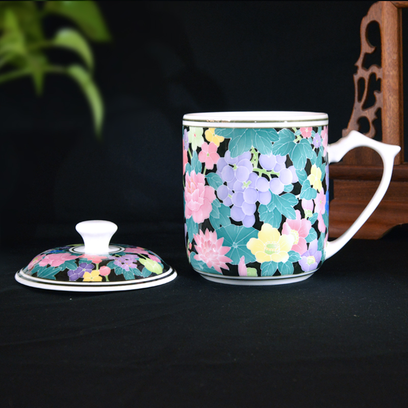 Under pure hand - made liling porcelain glaze color office home full flower tea cups with cover and meeting gift cups porcelain cup