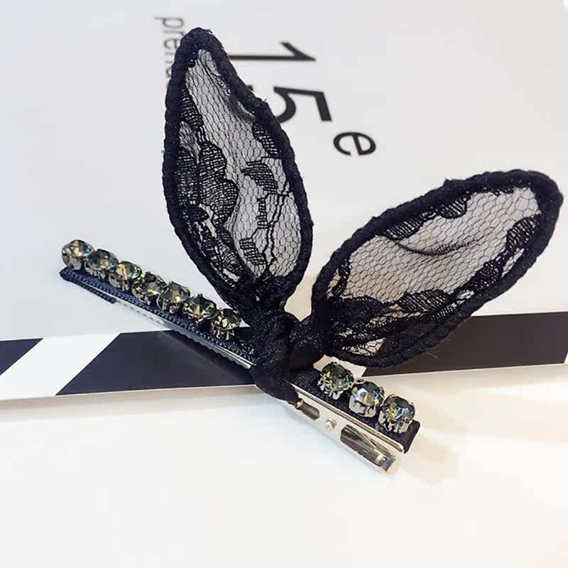 开饰乐韩版新款纯手工蕾丝兔耳朵发夹bb夹女生卖萌边夹水钻发饰