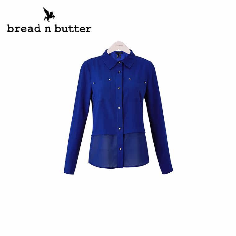 【商场同款】bread n butter面包黄油品牌女装宝蓝色雪纺长袖衬衫