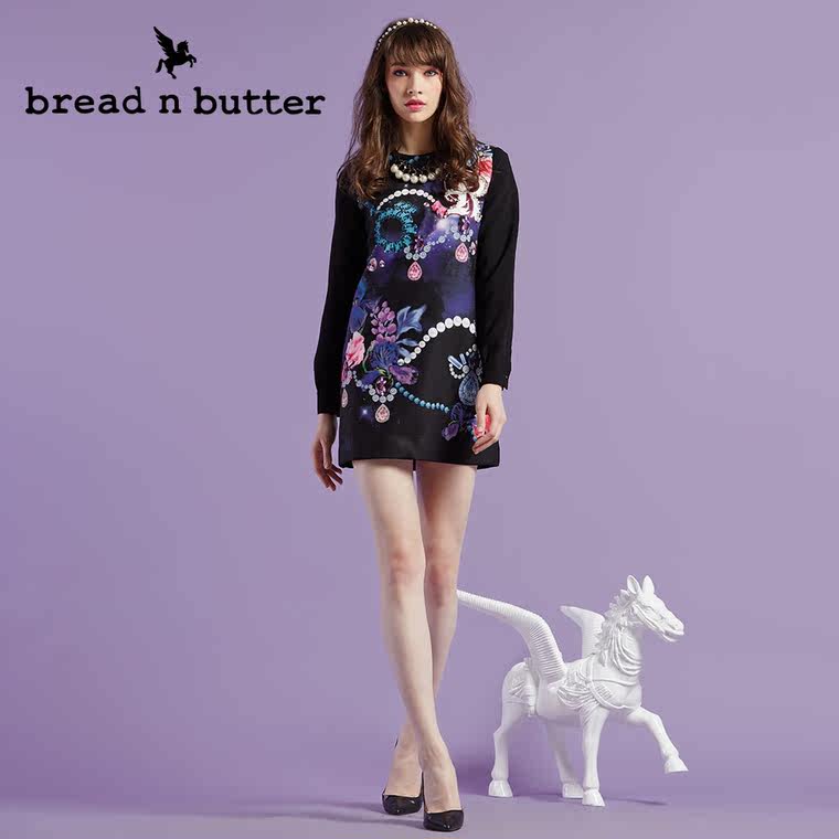 【商场同款】bread n butter面包黄油品牌女装显瘦长袖印花连衣裙