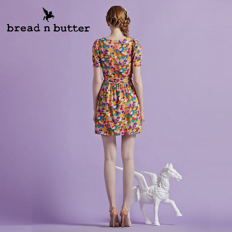 【商场同款】bread n butter面包黄油品牌女装碎花短袖v领连衣裙