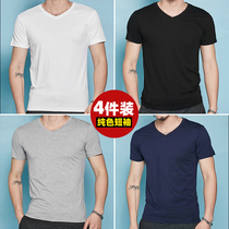 4 pieces of ) Summer pure cotton short-sleeved T-shirt pure-colored V-collar bottom shirt Tide plate Korean version summer dress sleeve  ⁇  on top