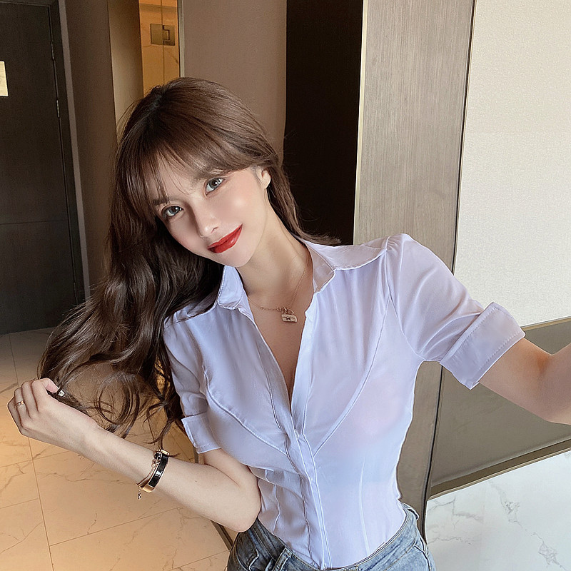 实拍~夏季v领修身ol衬衫酒店制服性感夜店低胸衬衣紧身上衣女8984