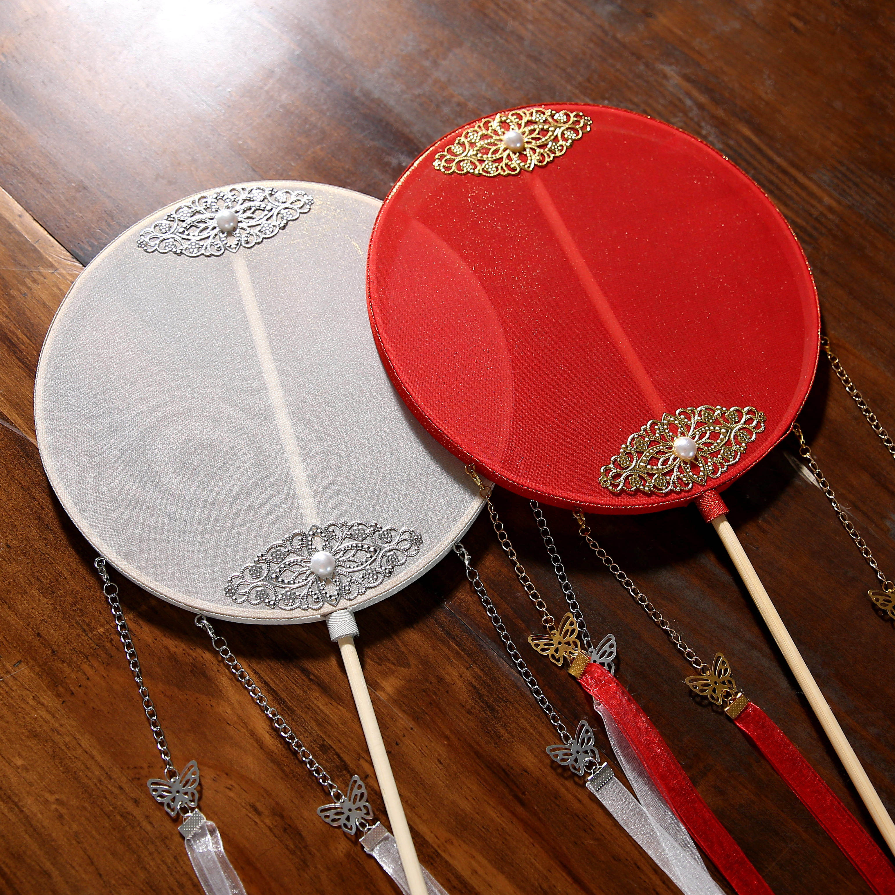 圆团扇成品烫金红白黑长柄汉服拍照道具宫扇古风扇礼物diy材料包