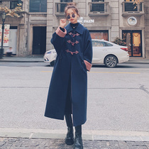 Navy blue horn button woolen coat womens 2020 new mid-length over-the-knee Hepburn style woolen coat