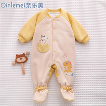 Three-five-month new-born baby clothes autumn and winter days thin cotton wrap feet one-piece clothes for first baby pure cotton open crotch khala-clad