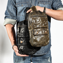 Chest bag mens leather pleated first layer cowhide vegetable tanned leather retro Ami kachi bag mens personality super fire tide brand mens bag