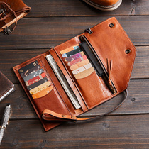 Three-fold long wallet mens leather handmade retro full cowhide small hand grab bag soft leather multi-card card bag tide hand-held