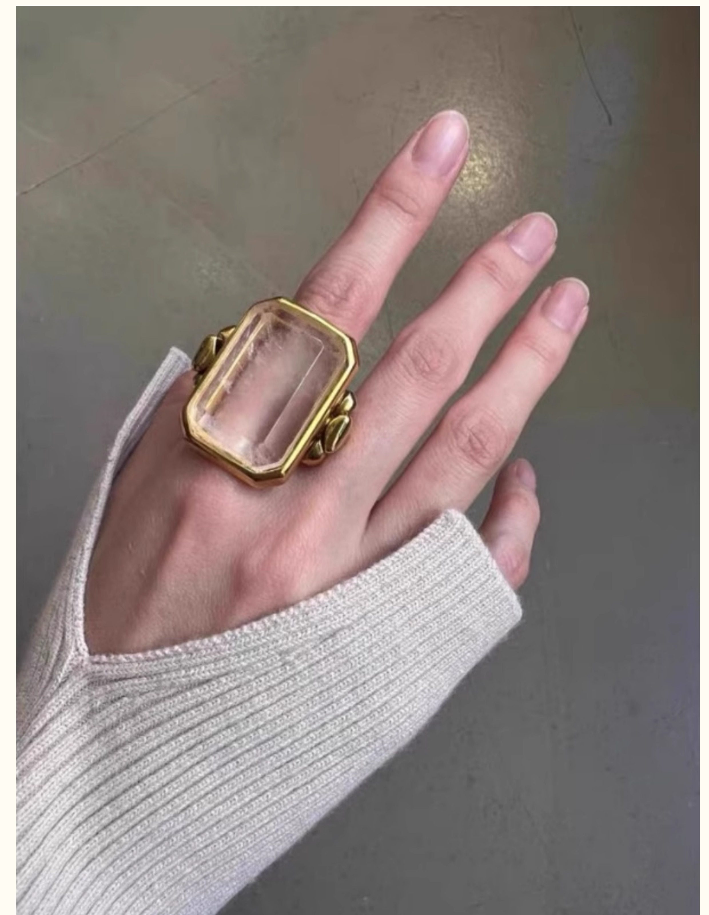 法国小众大颗方形天然水晶戒指夸张粉色方糖宝石扳指中古vintage