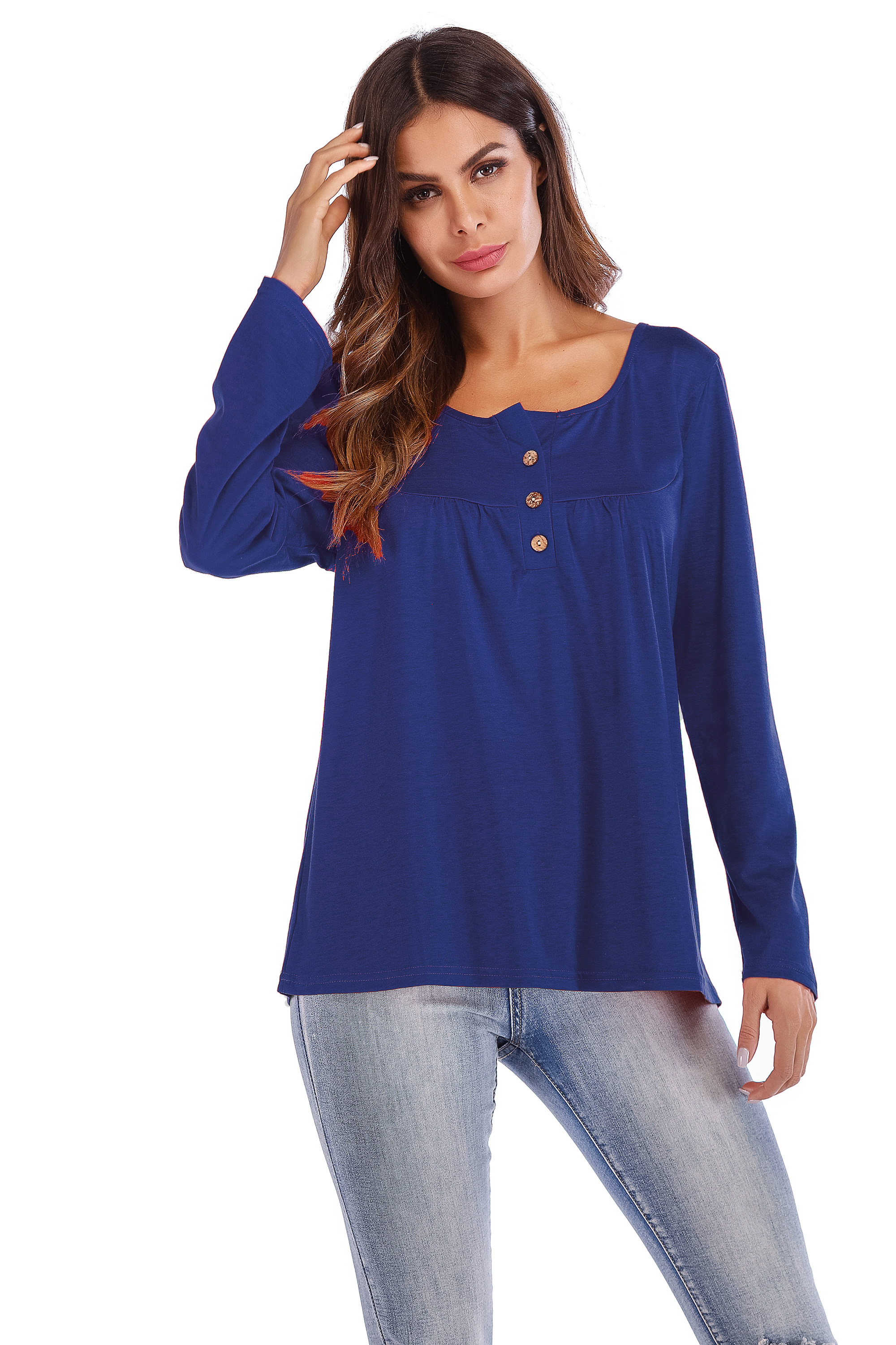 实拍2018秋冬新款欧美女装 ebay 亚马逊爆款热卖纽扣褶皱长袖t恤