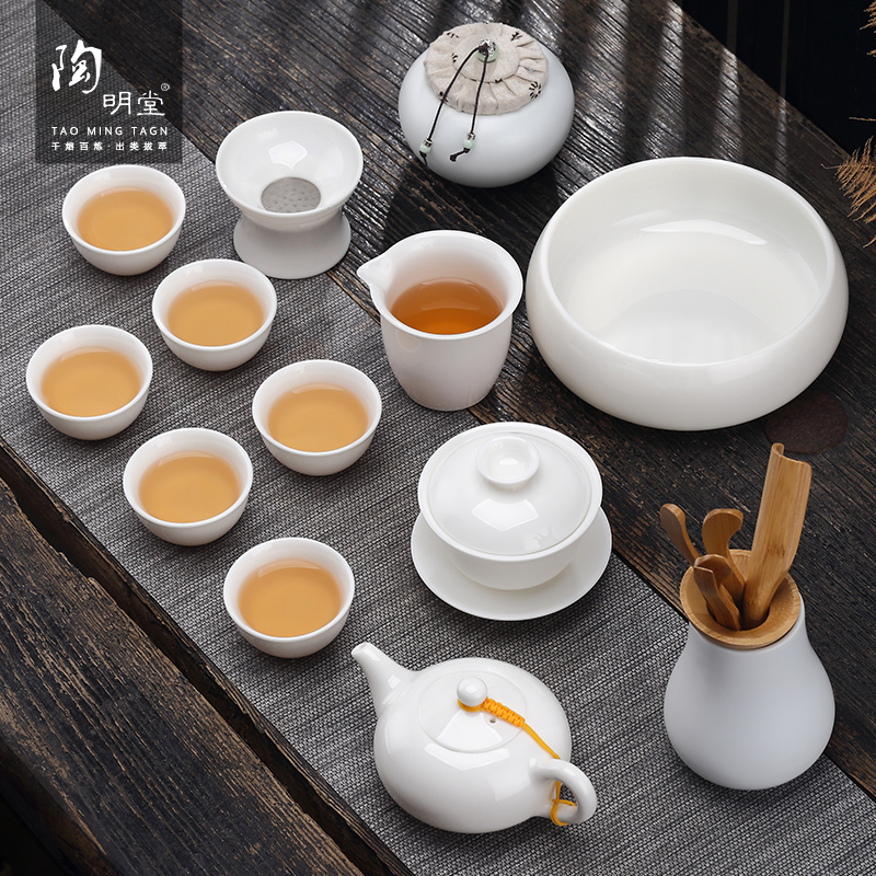 TaoMingTang suet jade porcelain kung fu tea set suit household dehua white porcelain tea set teapot teacup of a complete set of gift box