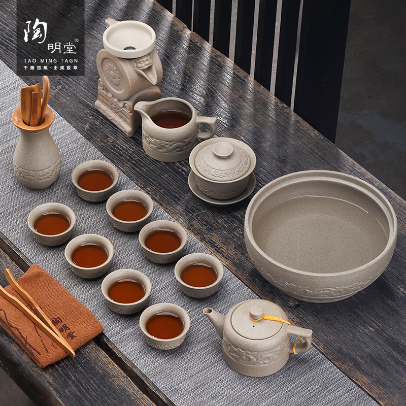 TaoMingTang coarse pottery kung fu tea set suit household ceramics shek kwu tea set creative stone mill tea tea restoring ancient ways