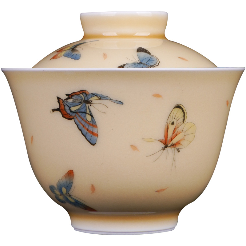 Santa tureen hand - made ceramic dry mercifully jiao yellow glaze new CaiHuDie lines without tureen jingdezhen tea tea bowl