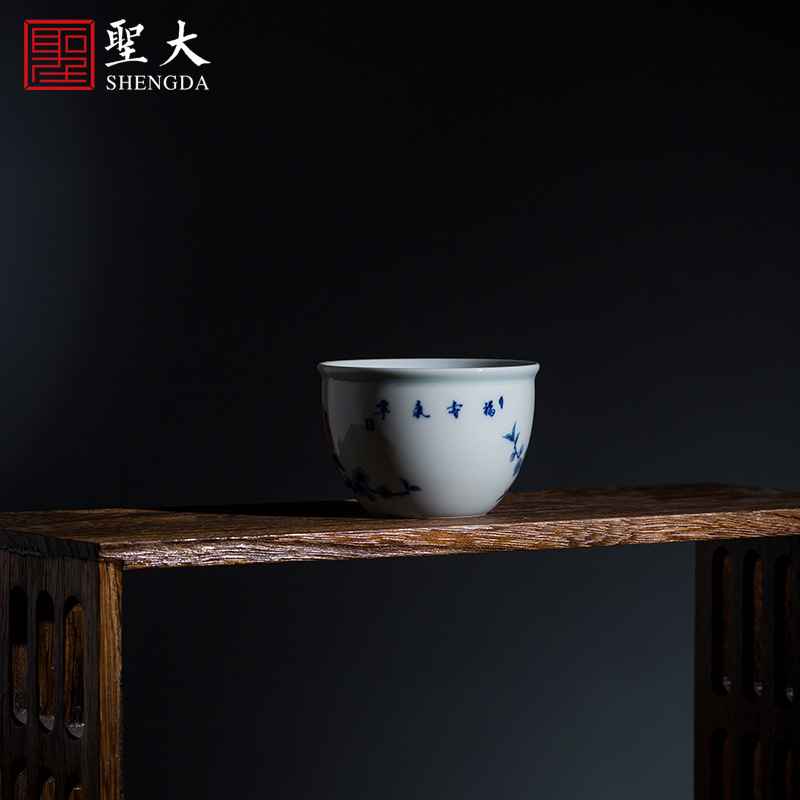 St big blue and white alum red see colour peach teacups hand - made ceramic kung fu wen cylinder cup single cup all hand of jingdezhen tea service