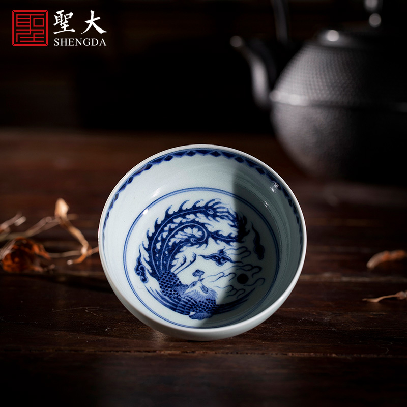 Holy big ceramic wood master kung fu tea cup maintain painting of jingdezhen blue and white longfeng grain tea tea set by hand