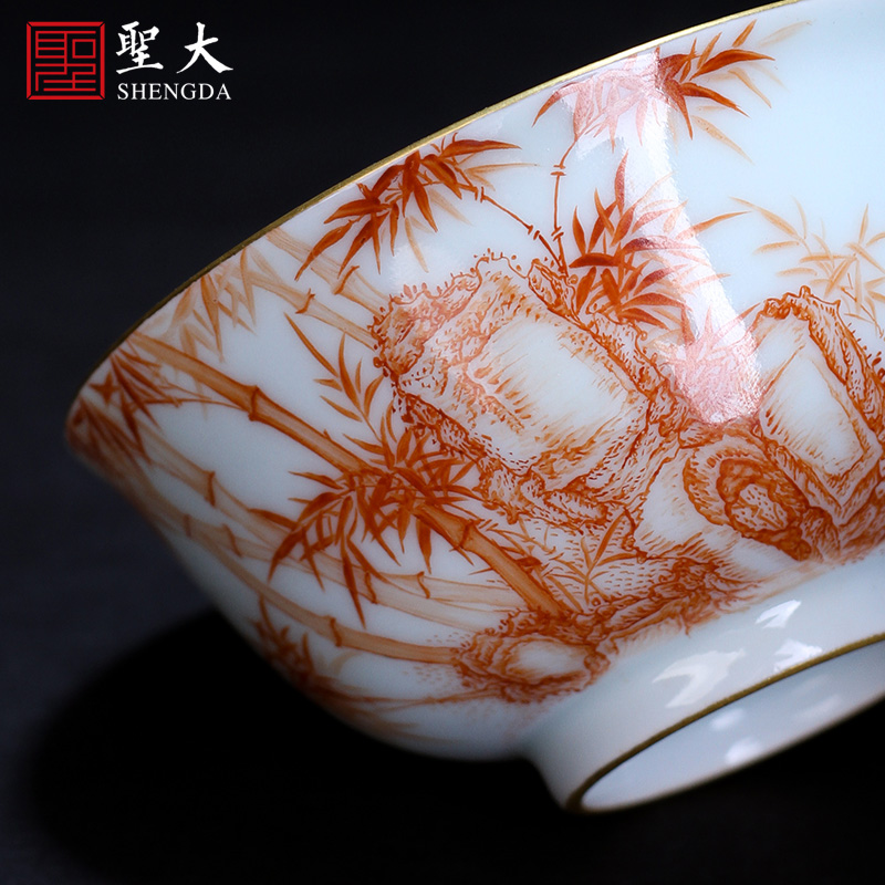 Holy big ceramic kung fu masters cup manual hand - made alum stone figure cups red color bamboo bowl jingdezhen tea by hand
