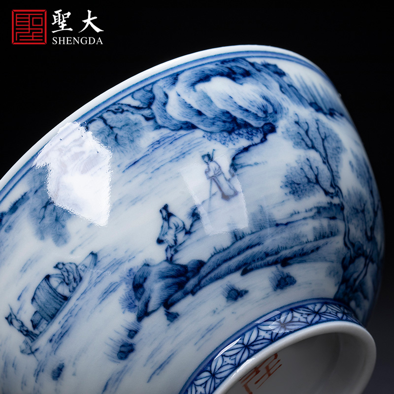 Holy big blue and white landscape teacups hand - made ceramic kung fu jiang s friends send figure masters cup sample tea cup of jingdezhen tea service