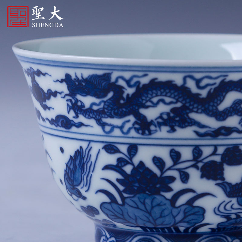 Blue and white full pool Santa teacups hand - made ceramic kung fu jiao panlong lines master cup all hand of jingdezhen tea service