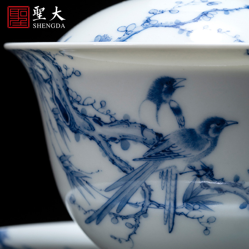 The large ceramic three tureen tea bowl hand - made beaming rock tea tureen jingdezhen blue and white tea by hand