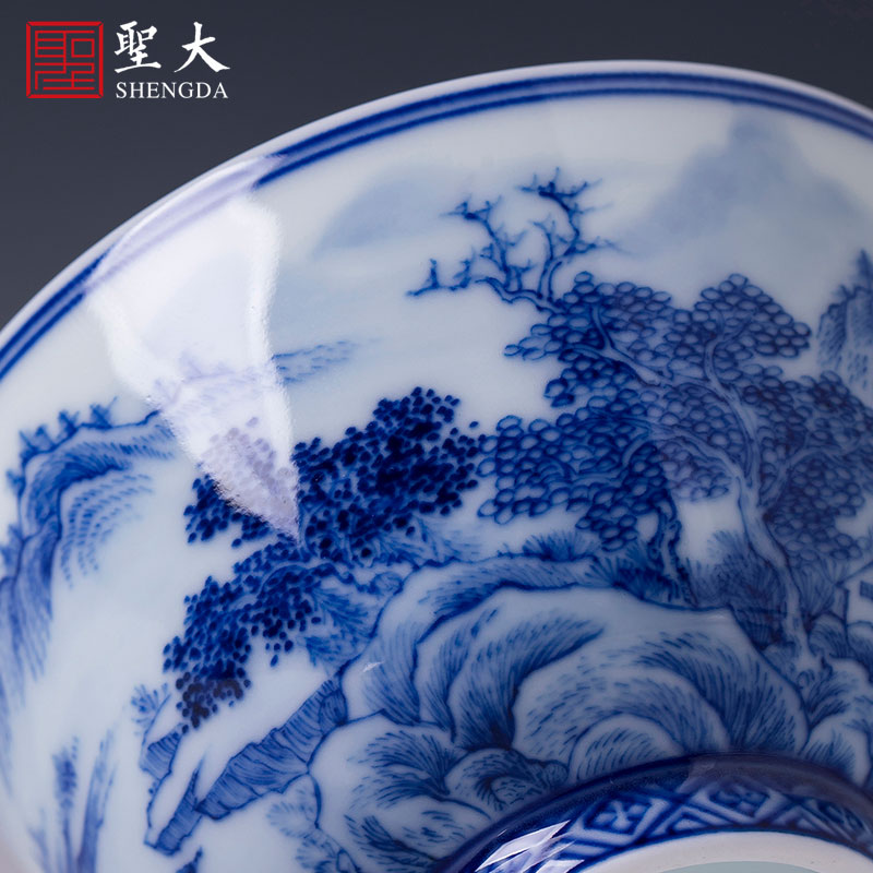 Holy big ceramic kung fu tea cups all hand landscape s master cup sample tea cup jingdezhen blue and white forest mountain tea set