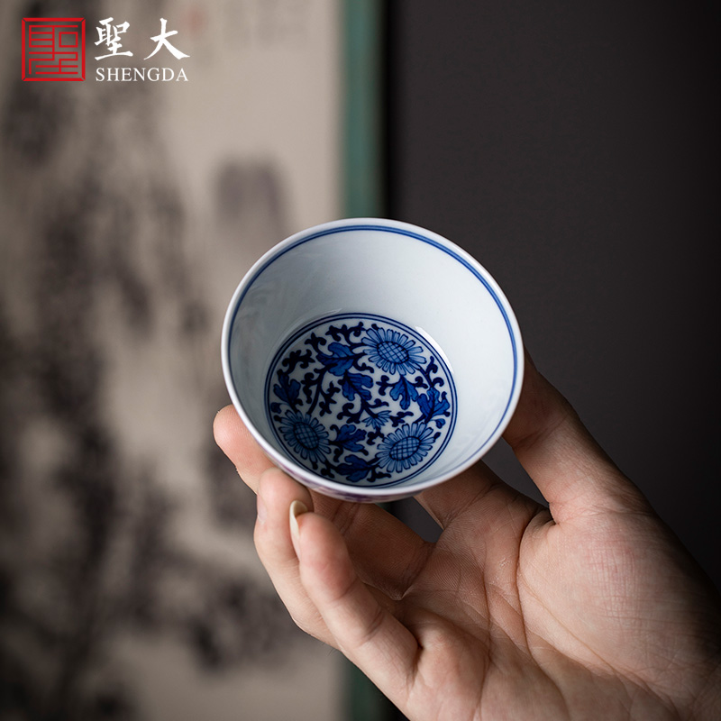 Holy big ceramic kung fu tea master cup of pure hand - made porcelain dou CaiTuan by lines cylinder cup jingdezhen tea by hand