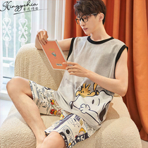 Summer Teen Pajamas Men 2021 New Boys Tank Top Cartoon Summer Thin Cotton Loungewear Set