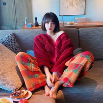 Red coral velvet pajamas womens winter thickened 2021 new explosive Ben year wear suit cute home clothing men