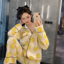 Cute sunshine Smiley pajamas female spring and autumn cotton long sleeve Korean version of ins Wind 2021 New nightgown home clothing summer