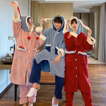 Long-eared rabbit coral velvet pajamas womens autumn and winter robes extended women plus velvet thickened Net red home clothes can be worn outside