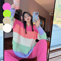 Rainbow striped pajamas winter womens coral fleece thickened cute net red style sexy home clothes spring and autumn suit