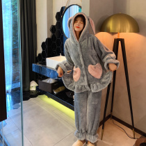 Couple pajamas autumn and winter coral velvet padded velvet rabbit ears warm home clothing set male long-eared Robe Women