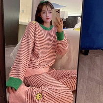 Striped coral fleece pajamas winter womens 2022 new soft and velvet thick couple home clothes mens spring and autumn