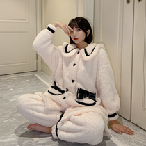 Bowknot coral velvet pajamas womens autumn and winter cute Japanese sweet robes long womens winter home clothes can be worn outside