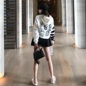 两件套秋装新款宽松连帽卫衣女百搭百褶短裙子印花个性时尚套装女