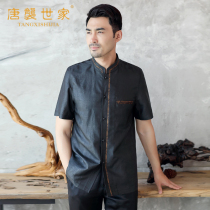 Silk Xiangyun yarn shirt Hanfu tunic Old man grandpa summer short-sleeved Chinese Tang suit mens national clothing
