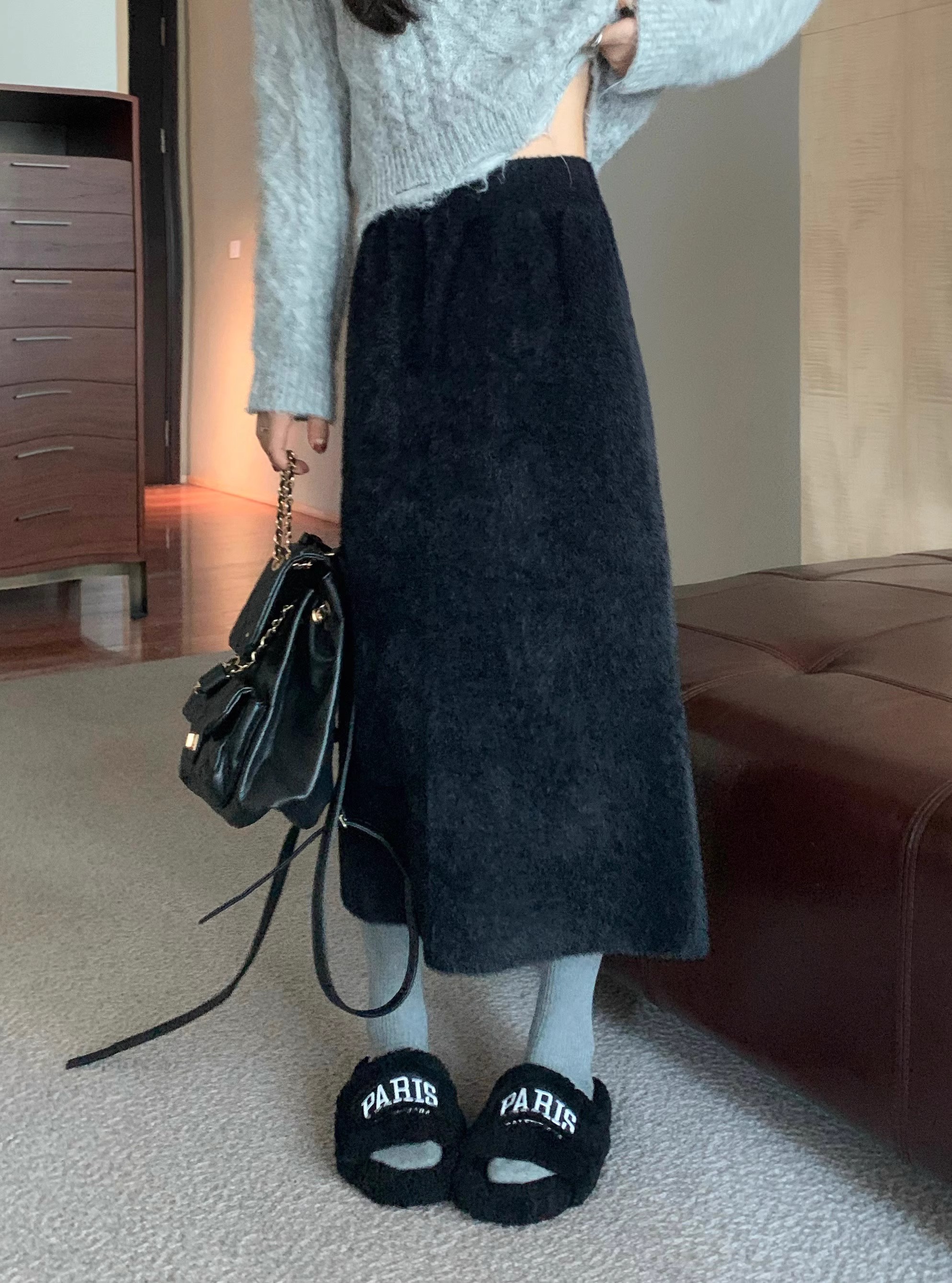 仿水貂加厚针织半身裙秋冬高腰新款长裙直筒毛线中长款一步裙子