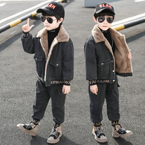 Boys winter suit 2021 new trendy children fashionable two-piece clothes plus velvet thickened foreign children