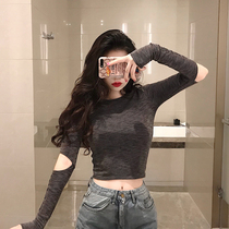 Spring and Autumn High-waisted Short Tight Top Sexy Breaking Bellbel Print Long Sleeve Caution Machine Jazz Dance T-shirt Women