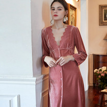 Style Sexy Palace Court Wind Pyjamas Woman Autumn Winter Gold Velvet Warm Long Sleeves Long Sleeves Long sweet Princess Conspicuely Slim Sleeping Skirt