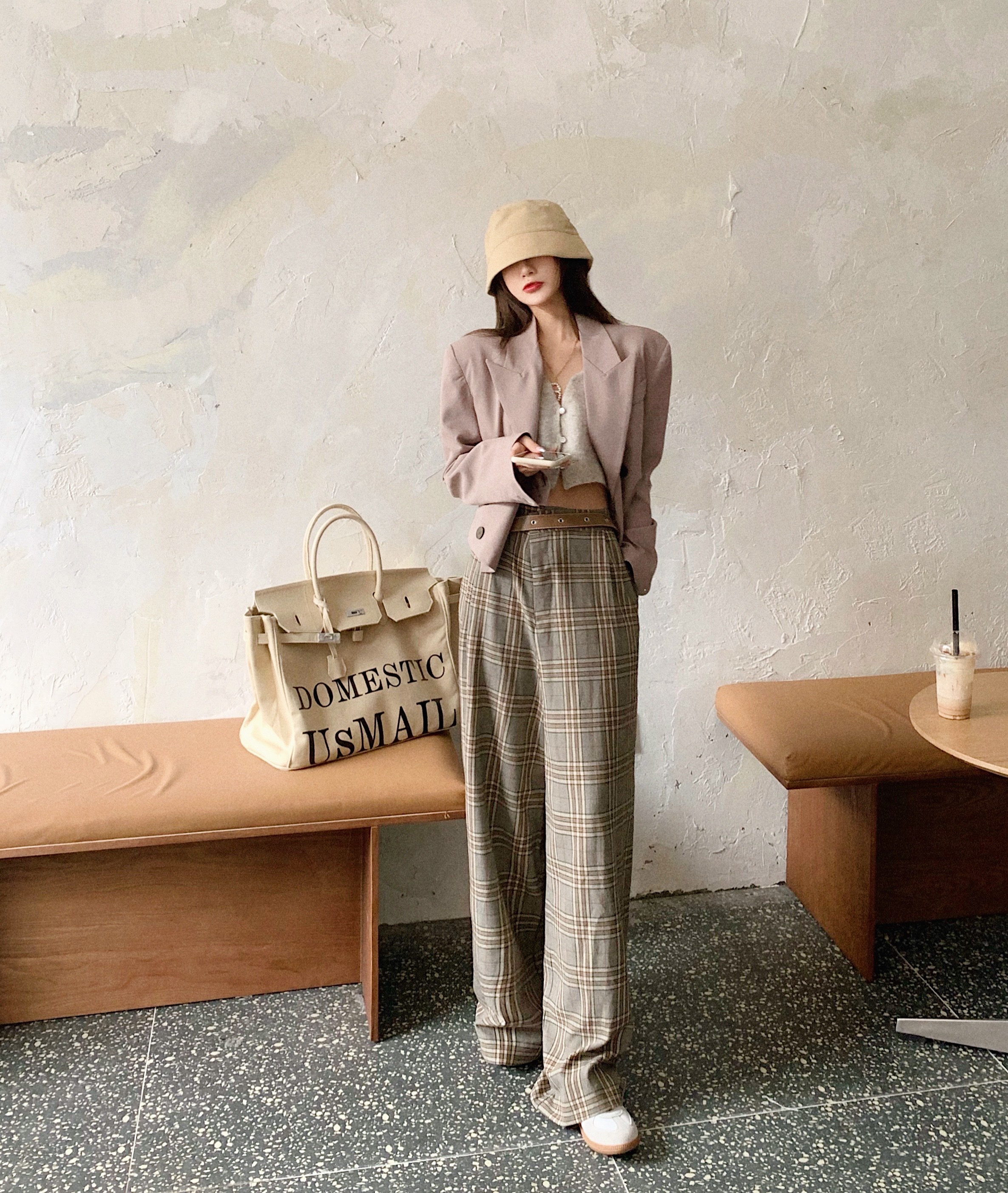 秋装现货实拍实价短款开衫 格子阔腿裤长裤配皮带 西装外套