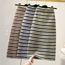 Plaid knitted skirt Autumn and winter womens new medium-long color stripe a-word hip skirt winter skirt wool skirt