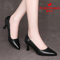 Rich Gui Bird Women Shoes Half Heels Slim Heel Leather Soft Leather Lady Single Leather Shoes Black Small Heel Career Single Shoes 5cm