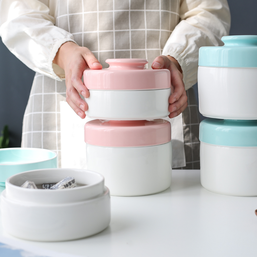 Sichuan island house ins small pure and fresh and candy color ceramic seal tank with cover household food storage tank receive tank