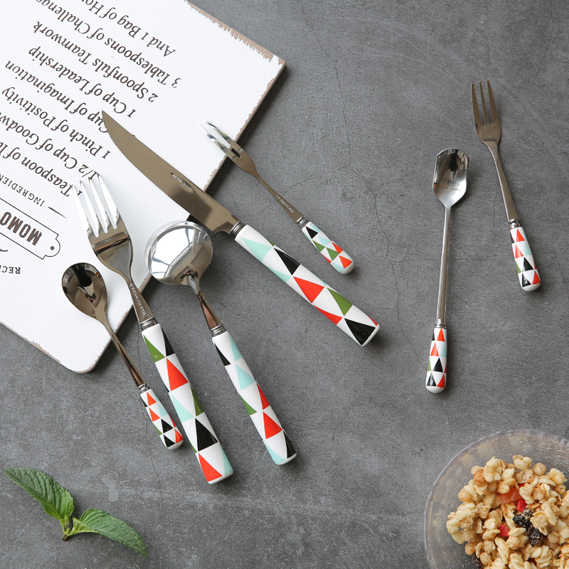 Sichuan island house color diamond plaid ceramic handle stainless steel tableware steak knife and fork spoon, coffee spoon, S - 34